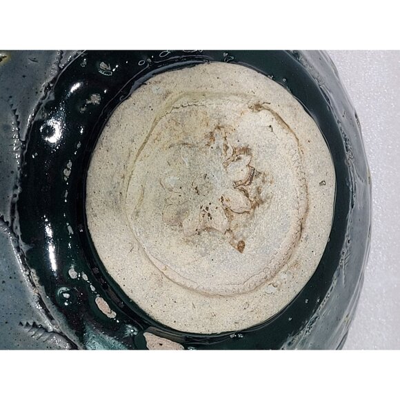 Pottery Bowl Textured Berries Fruit 7-1/2" Blue Gray Yellow Flower Stamp - Picture 6 of 6